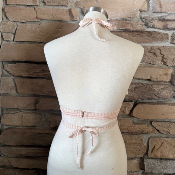 Aerie Pink Silver Metallic Striped Ruffle Wrap Halter Bikini Top 32DD Underwire - Picture 3 of 6